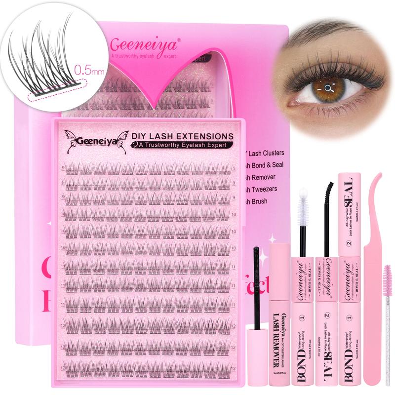 Geeneiya Wispy Lash Clusters Kit, DIY Lash Extension Kit, C Curl Wispy Cluster Eyelash Extensions with Waterproof Lash Bond and Seal, Lash Remover, Tweezers-NEW GLITTER PACKAGE (0.05D)