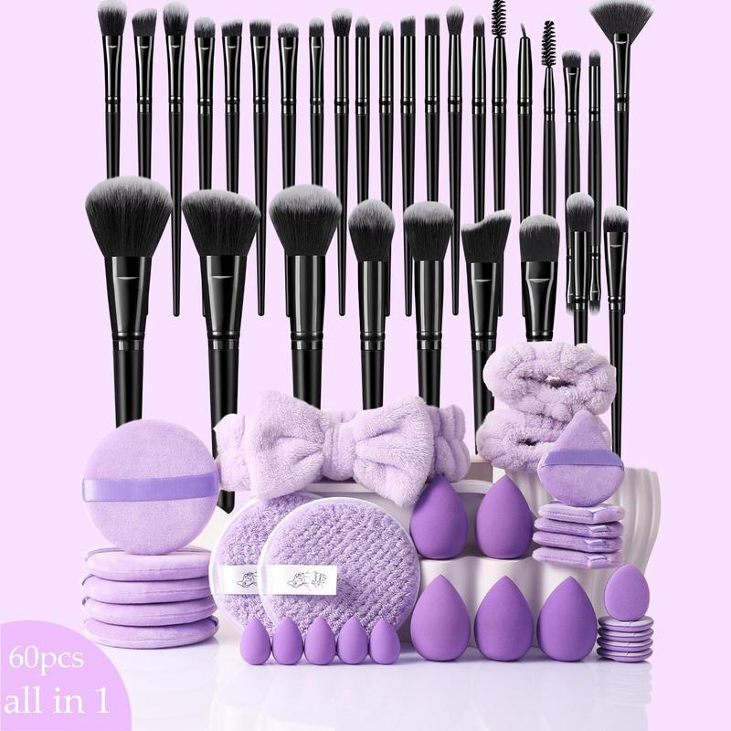 Makeup Tool Set, 60pcs set Makeup Brushes & Sponge & Headband & Wristband & Powder Puff & Finger Powder Puff, Professional Makeup Tools for Women