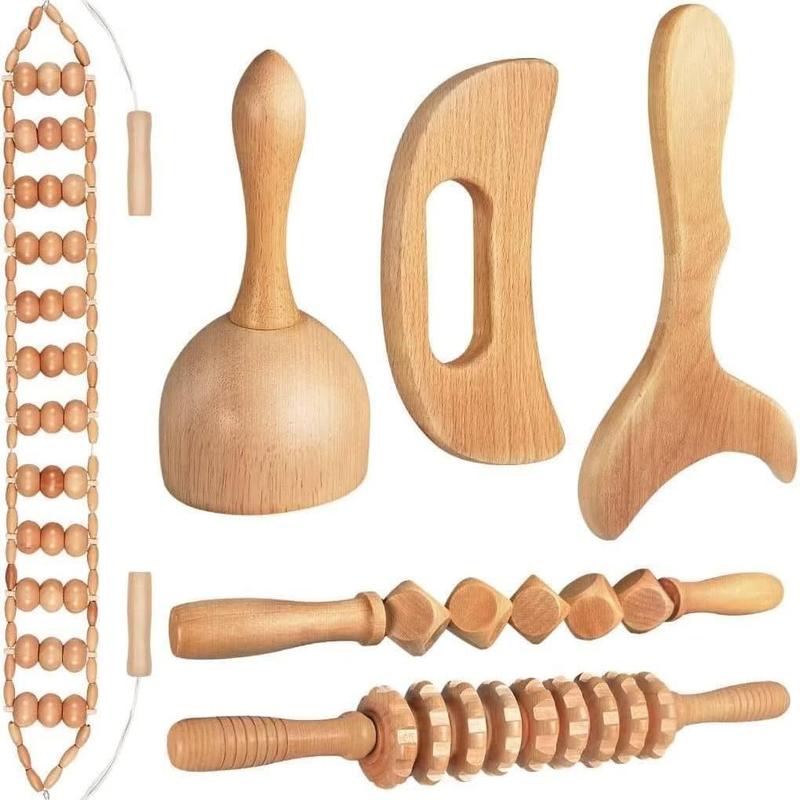 Wooden Massage Tool Set, 6 Counts Traditional Manual Massage Tools for Body Face Sculpting, Comfort Muscle Relaxation & Stretching, Home Sports Outdoor Gua Sha Tool Set, Body Care Tools, Massagers for Neck, Christmas Gift