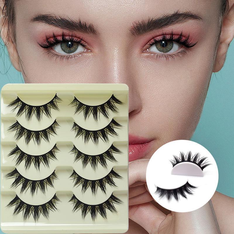 Natural False Eyelashes, 5 Pairs Wispy Cat Eye Faux Cluster Lashes, Volumized False Eyelashes for Women and Girls Eye Makeup Enhancement