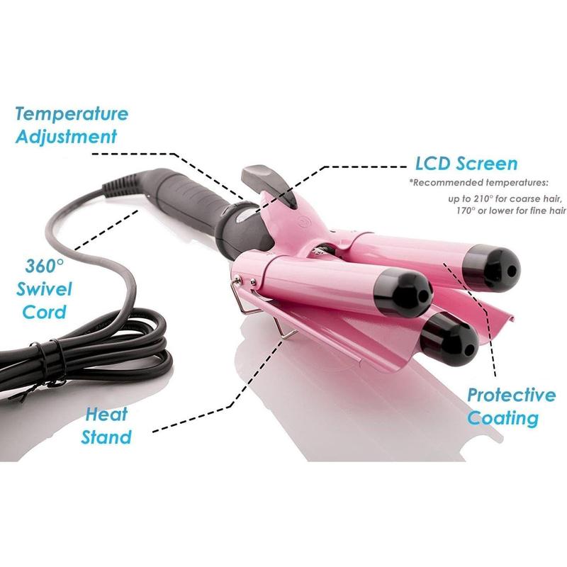 3 Barrel Hair Waver for Beachy Frizz-Free Waves w LCD Temperature Display - 1 Inch Ceramic Tourmaline Triple Barrels, Dual Voltage Crimping Tool