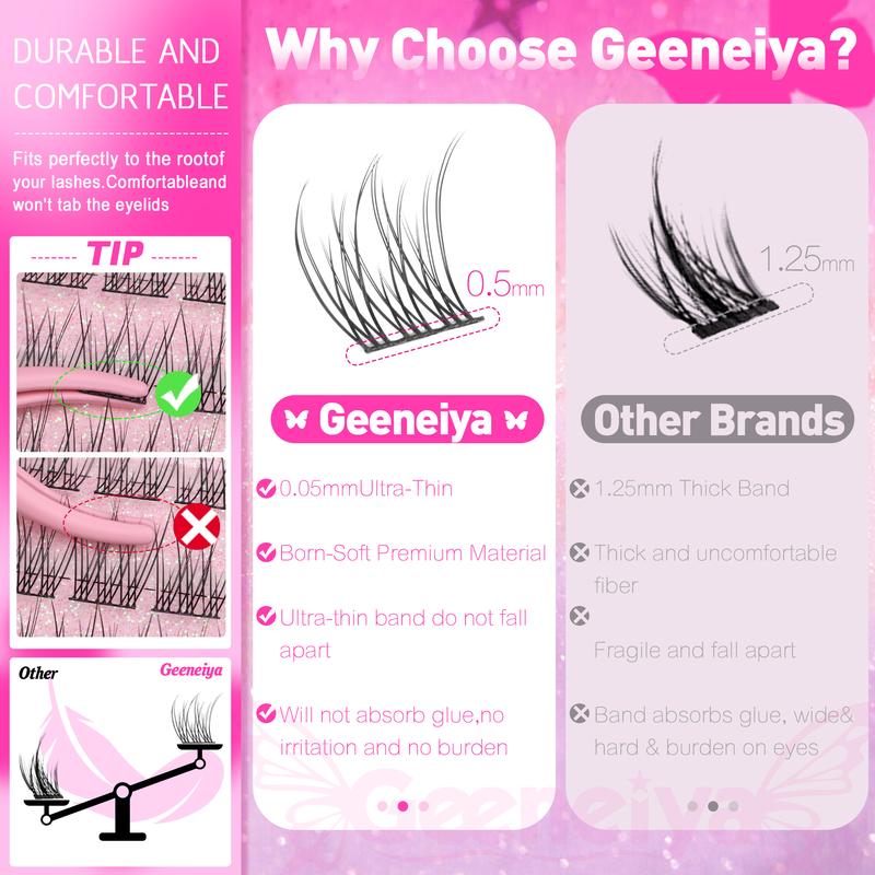 Geeneiya Wispy Lash Clusters Kit, DIY Lash Extension Kit, C Curl Wispy Cluster Eyelash Extensions with Waterproof Lash Bond and Seal, Lash Remover, Tweezers-NEW GLITTER PACKAGE (0.05D)