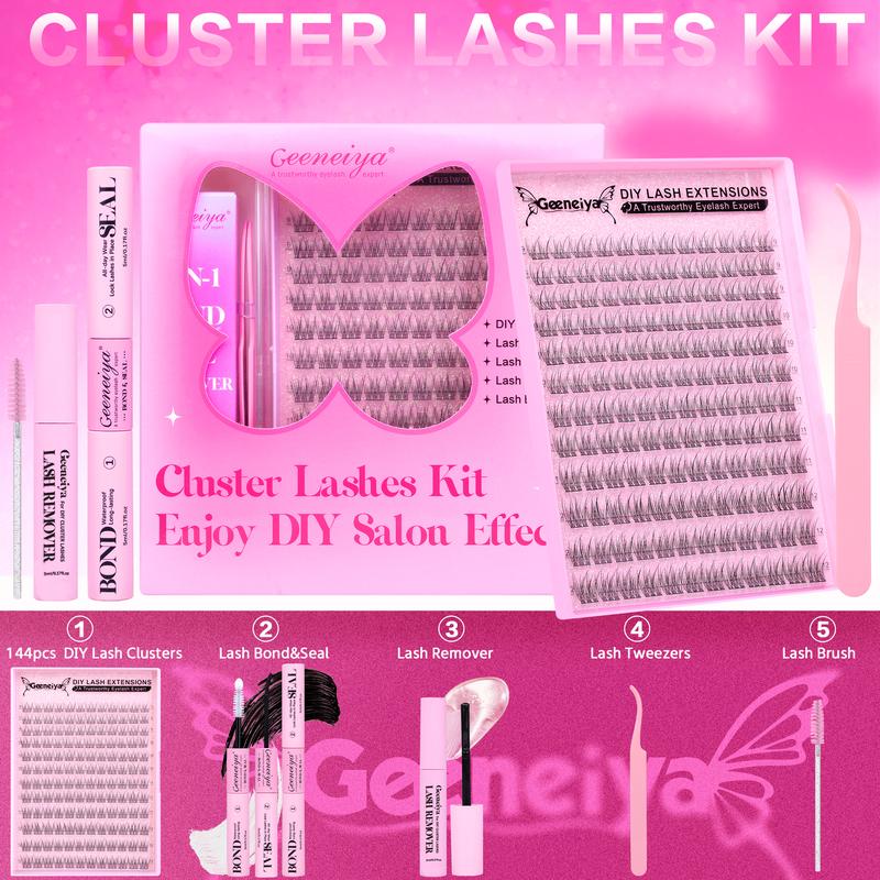 Geeneiya Wispy Lash Clusters Kit, DIY Lash Extension Kit, C Curl Wispy Cluster Eyelash Extensions with Waterproof Lash Bond and Seal, Lash Remover, Tweezers-NEW GLITTER PACKAGE (0.05D)