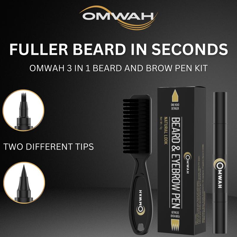 OMWAH Beard and Eyebrow Pencil Filler for Man, Water Proof Beard Pen, Beard Brush, Long Lasting Natural Finish