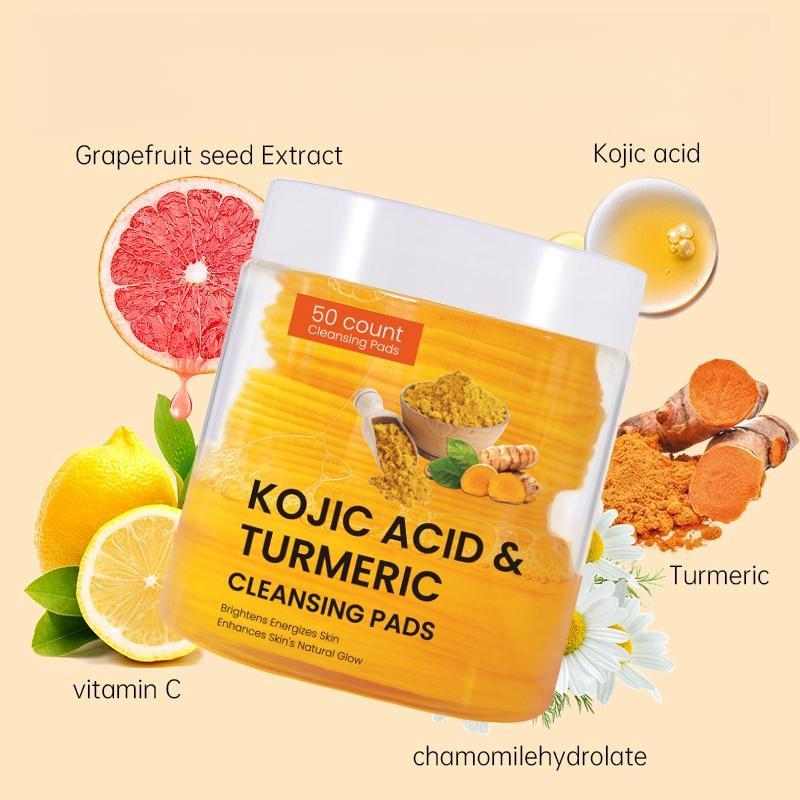 Turmeric & Kojic Acid Face Cleansing Pads, 50pcs box Exfoliating Cleansing Pads for Acne-prone Skin & Makeup Removal, Skin Care Product for Face & Body