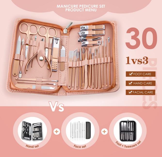 Manicure Set Pedicure Kit - 30 in 1 Nail Kit Professional Stainless Steel Nail Care Kit for Women - Pink