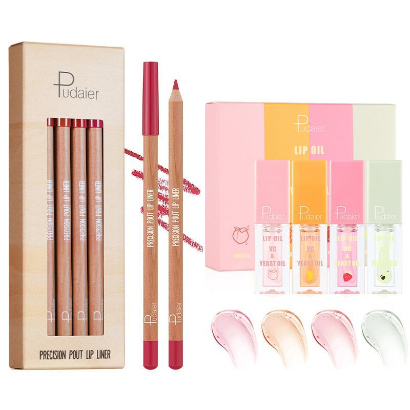 Lip Makeup Kit, 12pcs Matte Lip Liner Pencil & 4 Counts Fruit Lip Oil Set, Suitable for All Occasions Lip Makeup, Girls Makeup Accessories