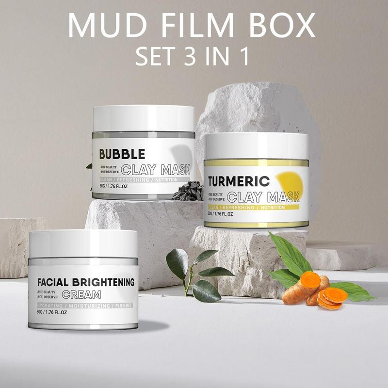 3 in 1 Facial Clay Mask Set, Including Turmeric Clay Mask, Bubble Clay Mask & Facial Cream, 3 Counts Facial Skincare Products Set, Summer Gifts