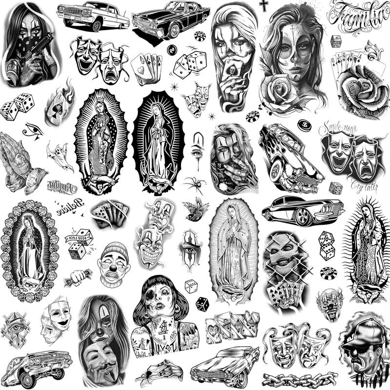 6 Sheets Large Chicano Temporary Tattoos For Men Women Adult, Chicana Guadalupe Gangster Fake Tattoos Prisoner Day of the Dead, Halloween Mexico Tattoo Stickers, Tatuajes Temporales Autocolante