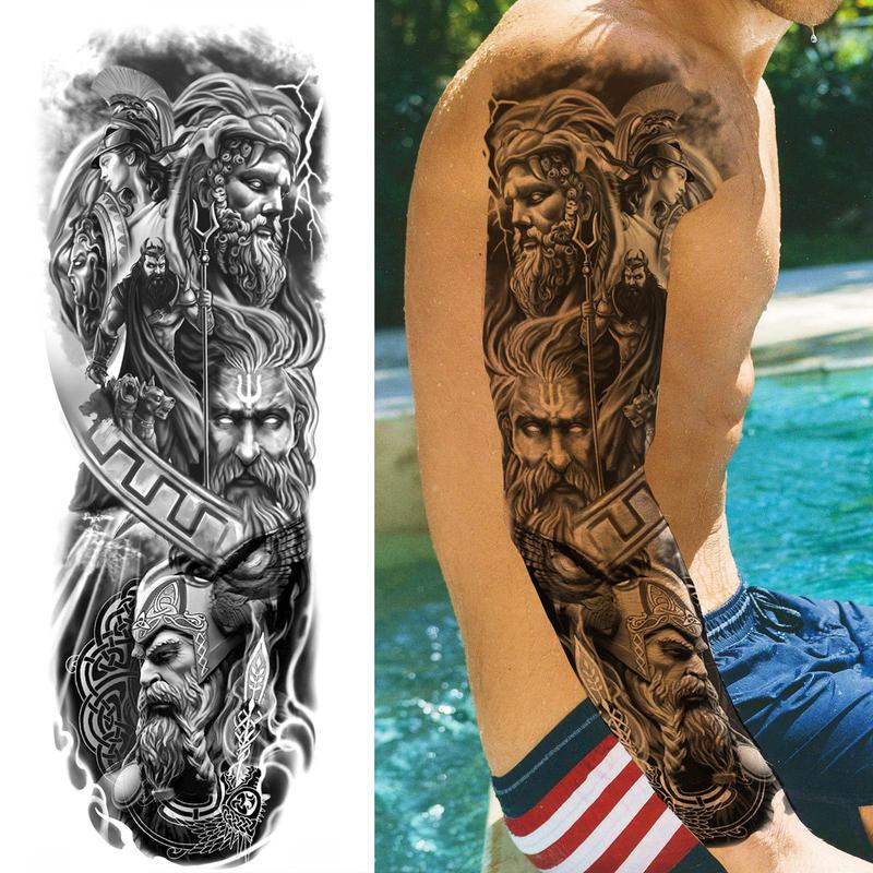 Greek Mythology Warrior Pattern Full Arm Temporary Tattoo, Waterproof Long Lasting Realistic Fake Sleeve Tattoo, Body Art Sticker for Men & Women