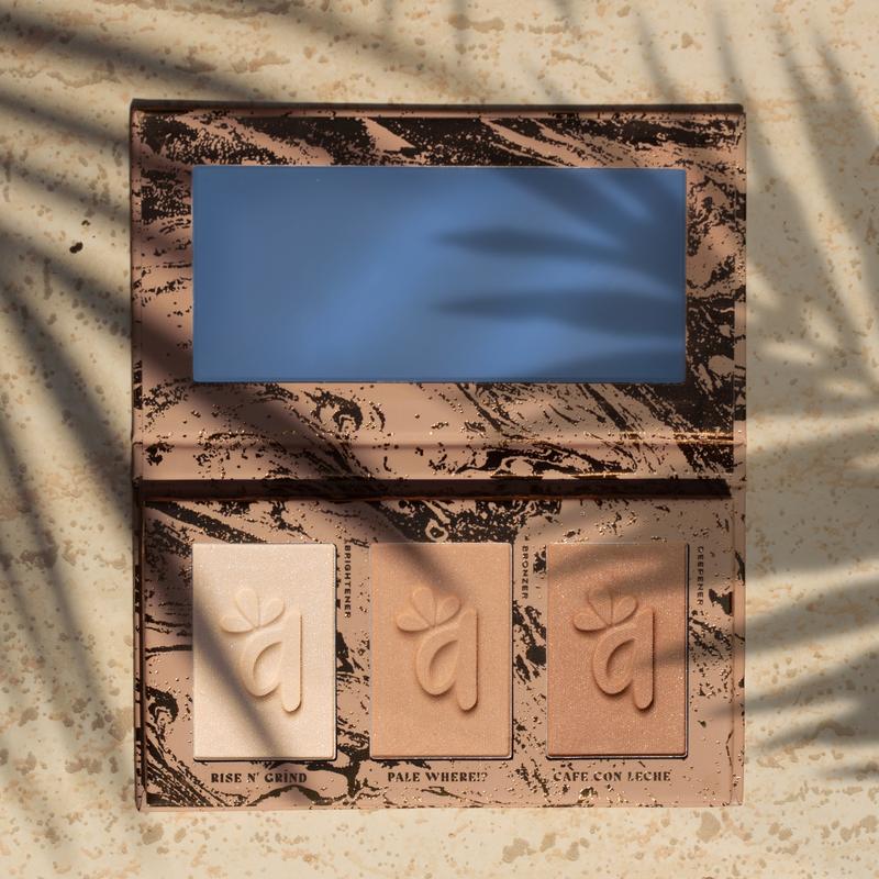 Brighten & Bronze Complexion Trio - Fair Light. Brightening undereye powder, Bronzer, and contour in one palette. Infused with Hyaluronic acid for ultra Smooth finish.