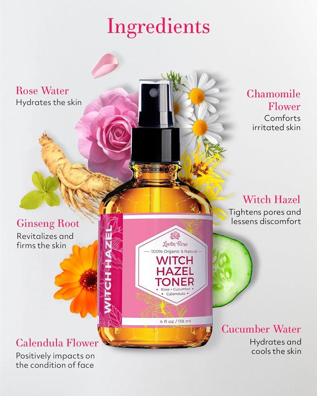 Leven Rose Witch Hazel Toner 4oz – Alcohol-Free Organic Skincare - Daily Comfort for Skin Repair with Rose Water, Calendula & Chamomile