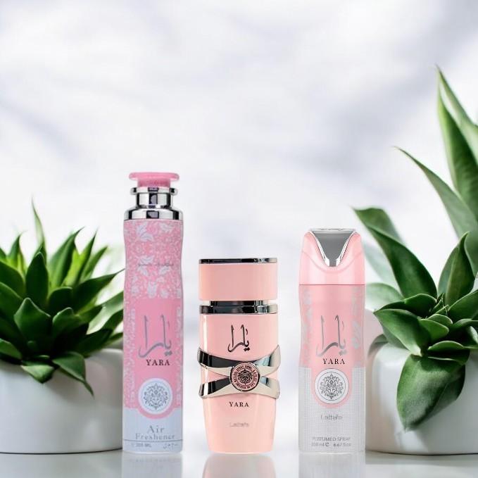 Lattafa Perfumes | 3 pc Yara Set - Choose from 3 [ Yara 100 ml - Yara Air freshener 300 ml - Yara Body Spray 200 ml ] Fragrance Set