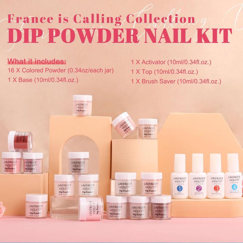 Dip Powder Nail Kit (20pcs set), 16 Colors Quick Drying Dipping Powder & Dip Liquid Set with Base Top Coat Activator Brush Saver for Home Salon Nail Art Design, Christmas Gift