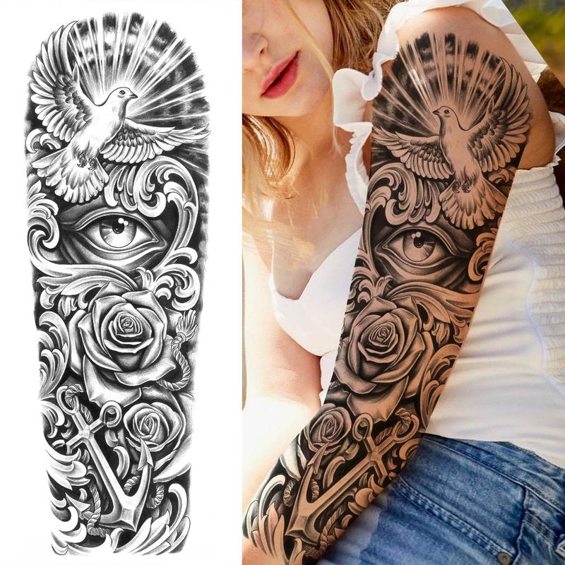 Peace Dove & Flower Pattern Full Arm Temporary Tattoo Sticker, Waterproof Long Lasting Fake Tattoo Sticker, Body Art Sticker for Women & Men