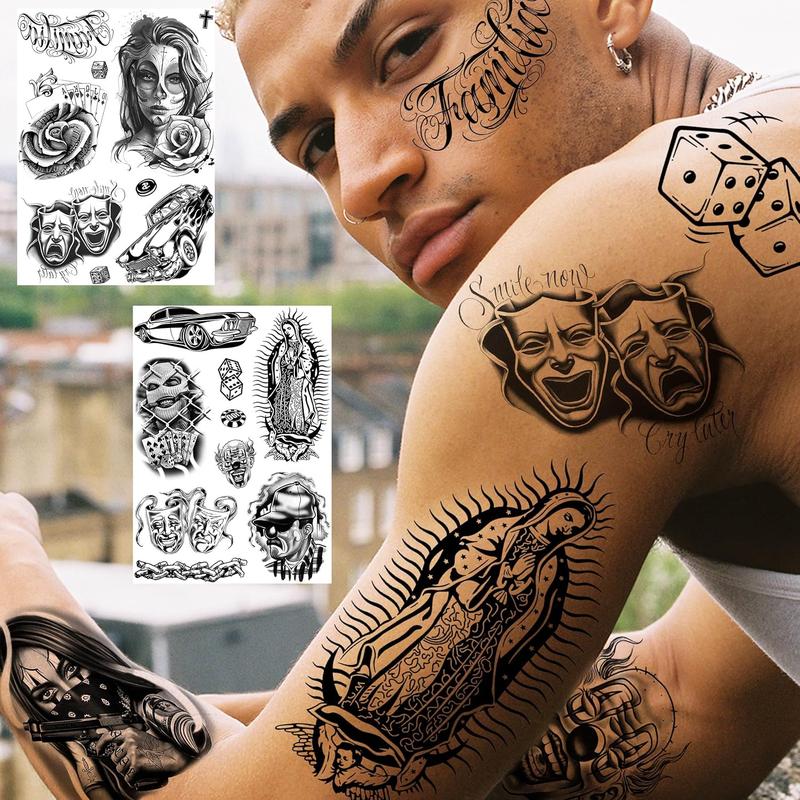 6 Sheets Large Chicano Temporary Tattoos For Men Women Adult, Chicana Guadalupe Gangster Fake Tattoos Prisoner Day of the Dead, Halloween Mexico Tattoo Stickers, Tatuajes Temporales Autocolante