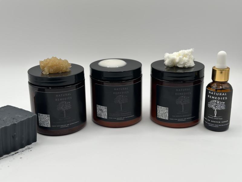 Hyperpigmentation Cream, Miracle Body Balm, Suga Scrub, Drops of Heaven Serum,  Charcoal Patchouli Goat Soap,