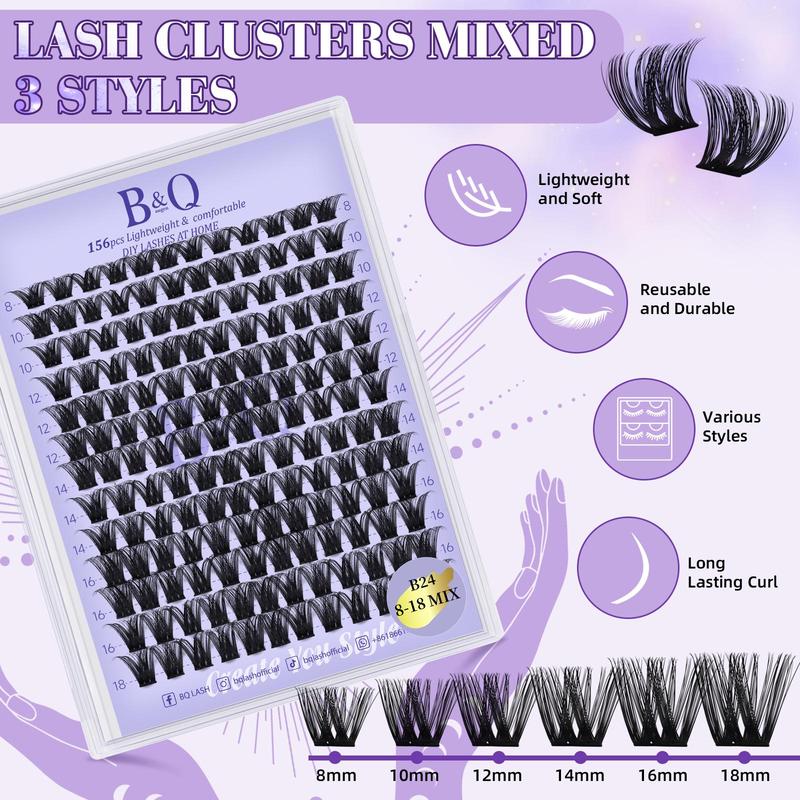 Individual Eyelash Extension Kit, B&Qaugen DIY 156pcs Individual Lashes Clusters Waterproof Cluster Eyelash Extensions Kit, Lashes Kit with Eyelash Extension Glue for Eyelashes Extensions, Glue Remover Lash Tweezers for Self Use At Home, Christmas Gift