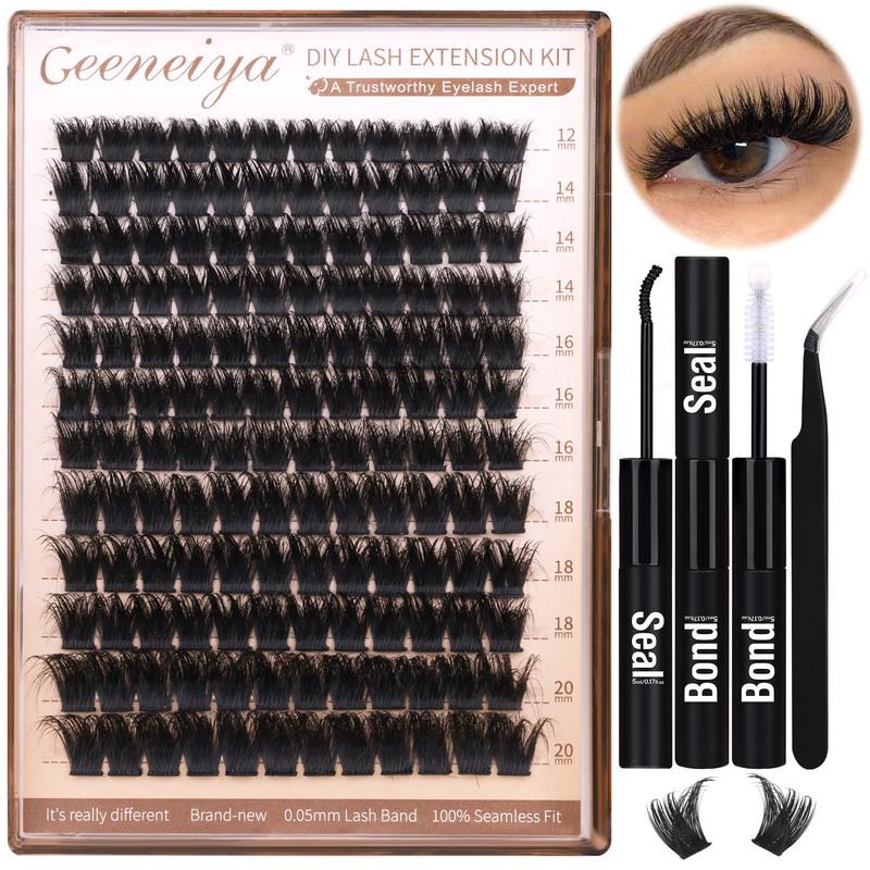 Geeneiya 200D Lash Extension Kit 12-20mm Fluffy Eyelash Extension Kit Thick Volume Lash Clusters Kit Wispy DIY Individual Eyelashes Kit with Lash Bond and Seal, Lash Applicator (D Curl, Thick Faux Mink-G08K)