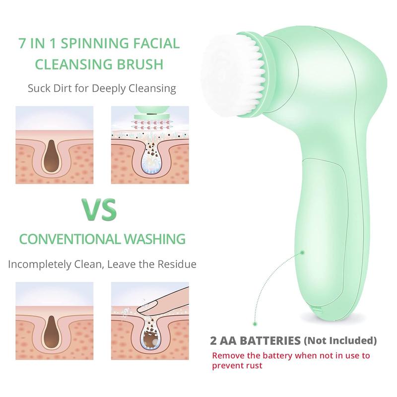 Facial Cleansing Brush 7 in 1  Wash Brush -   Spin Scrub Brushes for  Cleansing, Gentle Exfoliator, Blackhead Removing and Massaging,  Operated  Brush Cleanser - Green