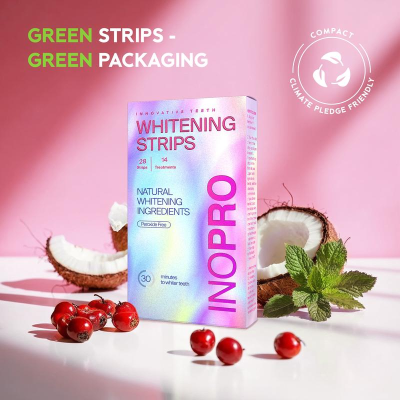 InoPro Teeth Whitening Strips 14 Treatments Kit, Peroxide Free Gentle Enamel Safe Green Strips, Instant Teeth Brightener w  Coconut Oil (28 Strips)