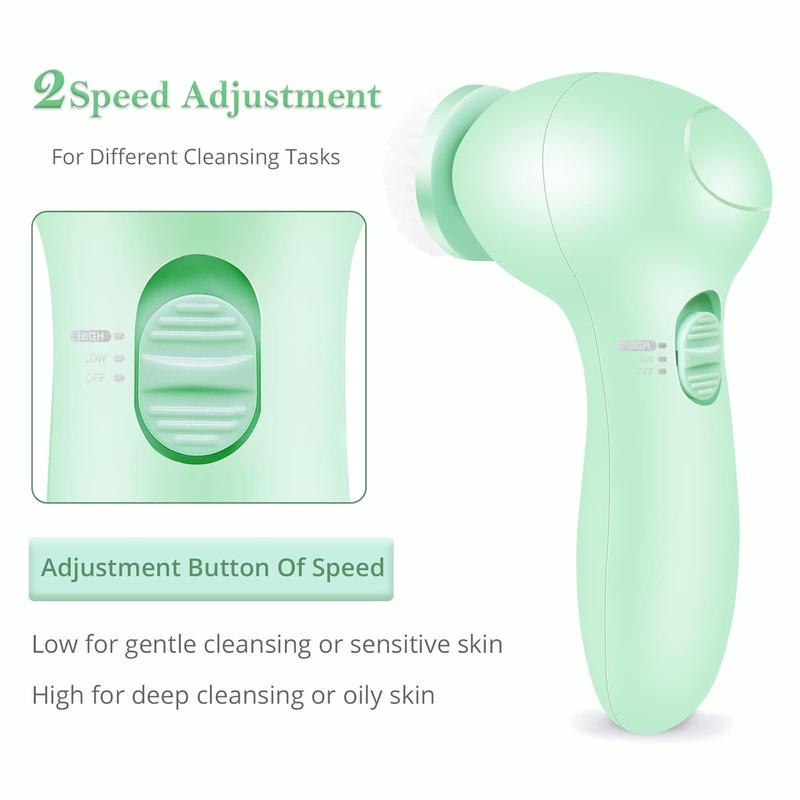 Facial Cleansing Brush 7 in 1  Wash Brush -   Spin Scrub Brushes for  Cleansing, Gentle Exfoliator, Blackhead Removing and Massaging,  Operated  Brush Cleanser - Green