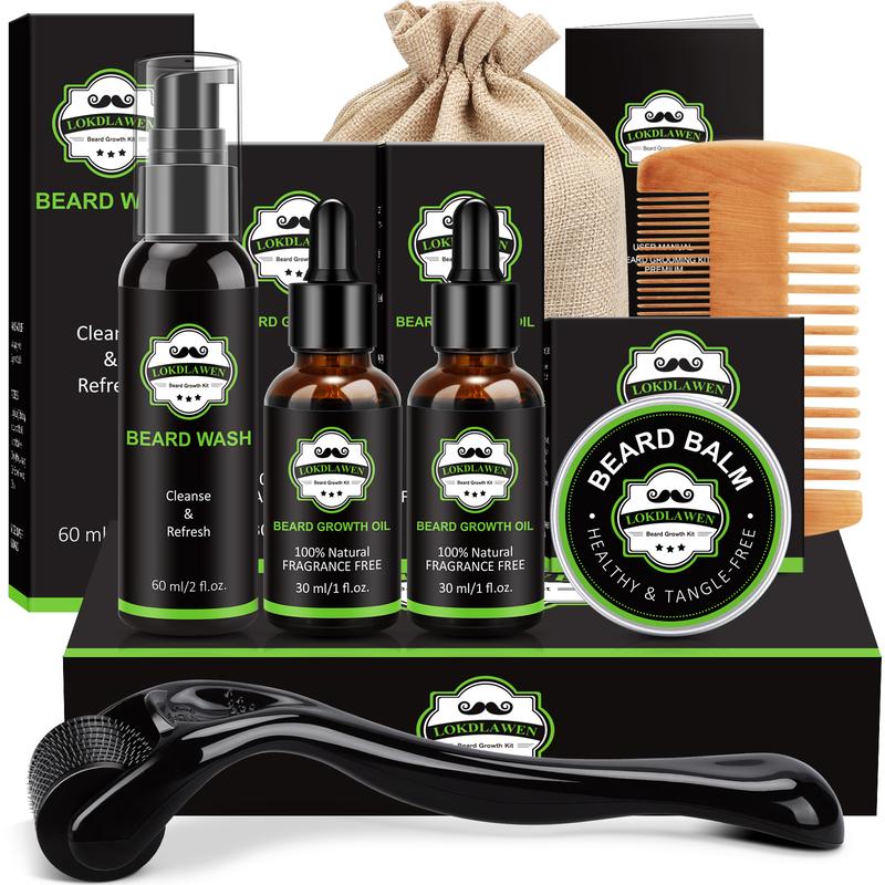 Beard Growth Kit,  Beard Care Kit with Beard Massager, Growth Oil(2 Pack), Wash, Balm, Comb, Storage Bag, E-Book - Gifts for Men Dad Husband Boyfriend