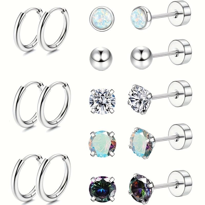 8 Pairs Surgical Stainless Steel Earrings for Sensitive Ears Small Opal Ball CZ Flat Back Stud Earrings Hypoallergenic Hoop Earrings for Women Men 20G Cartilage Earrings