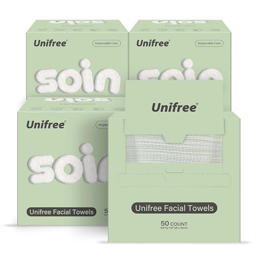 Unifree Facial Towels Pro Max I Clean Facial Tissues in Box, Large Size 11.8 x 9.8 Inch, 50 Count Per Box, 4-boxes Value Pack, Total 200 Count,face towel, makeup-remover, thick