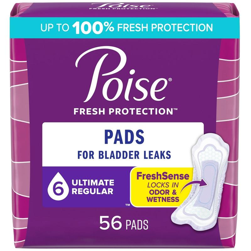 Poise Incontinence Pads for Women, 6 Drop Ultimate Absorbency, Regular Length, 56 Count