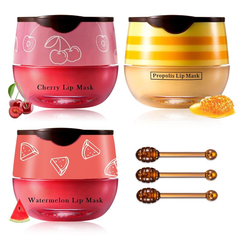 Honey Pot Lip Balm,3PCS Bee Lip Balm Honey Pot Cherry Watermelon Lip Scrub,Fade Lip Lines Prevention Dry and Cracked Lip Mask Overnight (Honey+Watermelon+Cherry)