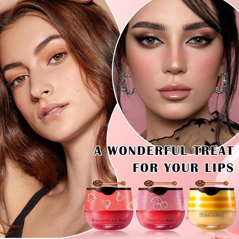 Honey Pot Lip Balm,3PCS Bee Lip Balm Honey Pot Cherry Watermelon Lip Scrub,Fade Lip Lines Prevention Dry and Cracked Lip Mask Overnight (Honey+Watermelon+Cherry)