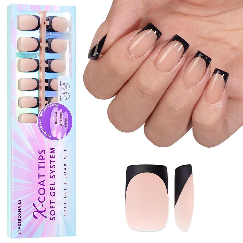 Black French Press On Nails - XCOATTIPS French Series Short Square Nails, Soft Gel Nail Tips, French Tips Press On Nails Soak Off Acrylic Fake Nails Glue On Nails Nail Extension Set