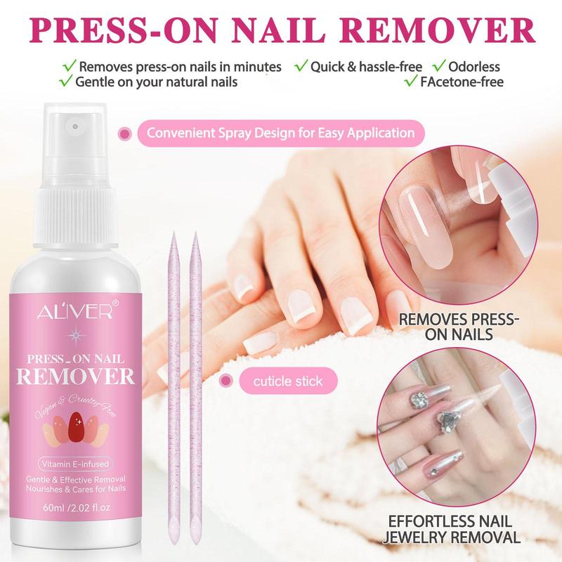 Press on Nail Remover, 1 Box Gentle and Effective Removal Nail Polish Remover with 2 Counts Cuticle Sticks, Nail Care Product for Women & Girls