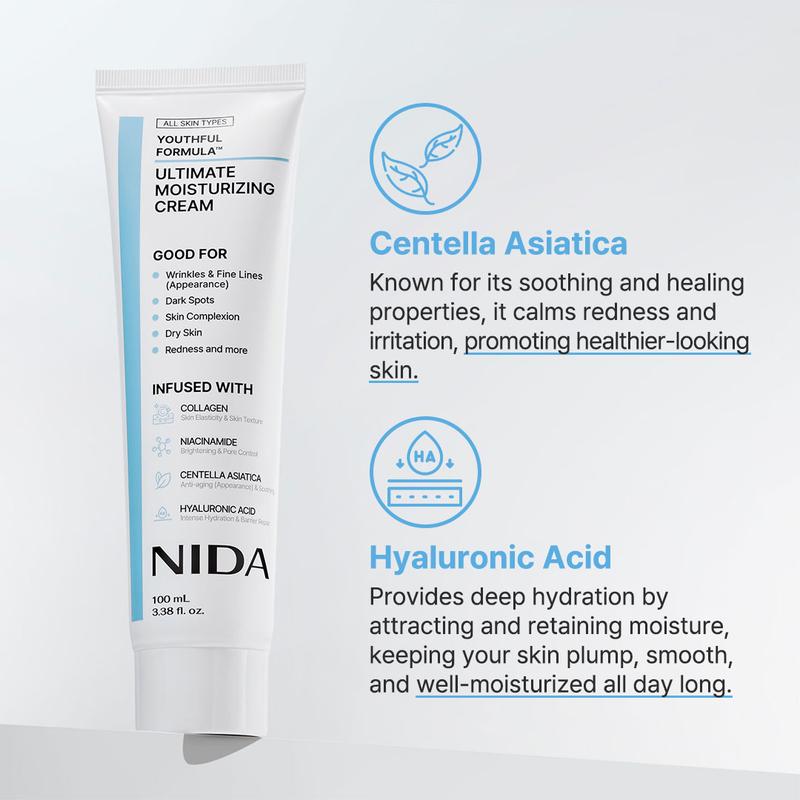 NIDA Youthful Formula Ultimate Moisturizing Cream (100mL)   Collagen, Niacinamide, Centella Asiatica, Hyaluronic Acid   Wrinkles, Dark Spots, Skincare