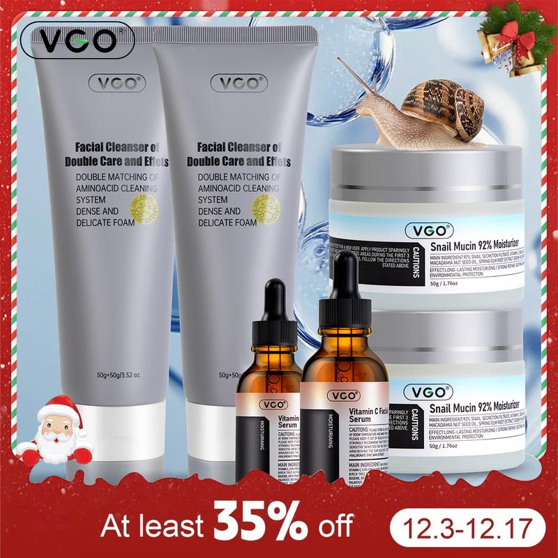 VGO Skin Care Set with Snail Mucin 92% Moisturizer, Vitamin C Serum & Dual-Tube Facial Cleanser, 3 Step Skin Care Kit hydrate refreshing antioxidant