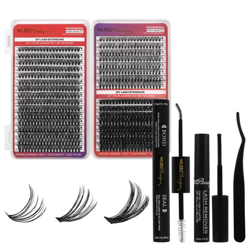 Wleec Beauty Fluffy Lash Extension Kit 60D 80D Thick Lash Clusters, 40D 50D Fluffy Lash Clusters Wispy wiith Lash Bond and Seal, Lash Remover, 280PCS Volume D Curl Individual Lashes Wispy Mixed 10-18mm DIY Eyelash Extension Kit at Home