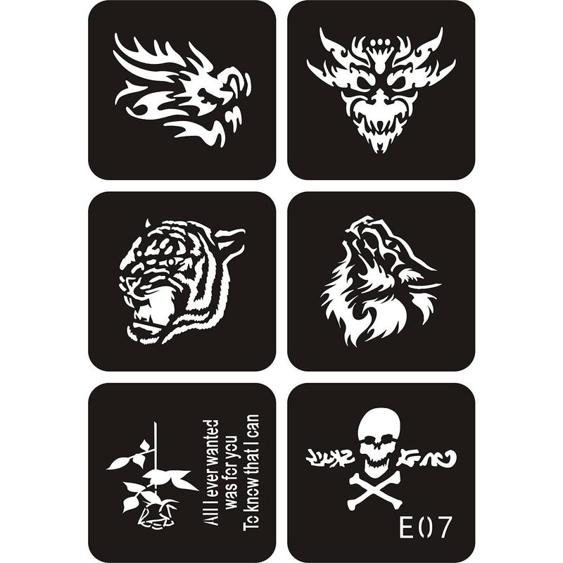 6 Sheets Temporary Tattoo Stencils, 34pcs Animal Tiger Wolf Totem Patterns Henna Tattoo Stencil Kit Temporary Glitter Airbrush Tattoo Stencils Arabian Tattoo Stickers for Face Body Paint Art