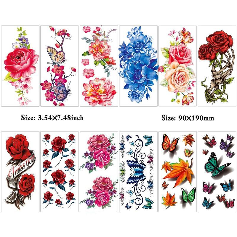 82 Sheets Flowers Temporary Tattoos Stickers, Roses, Butterflies and Multi-Colored Mixed StyleBody Art Temporary Tattoos for Women, Girls or Kids