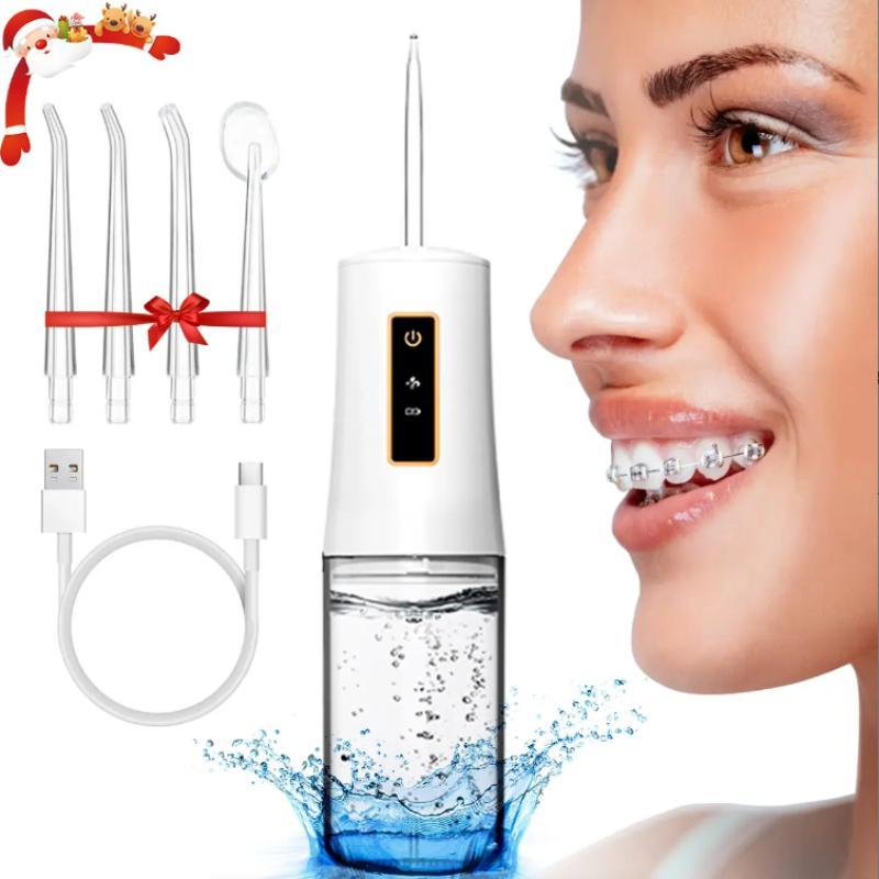 Portable Rechargeable Oral Irrigator, 1 Box 240ML Electric High-pressure Oral Irrigator with 4 Counts Nozzles, Daily Water Flosser for Home & Travel, Gift for Fall Gift