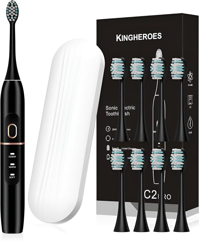 Electric Toothbrush with 8 Brush Heads, Travel Case, 4 Modes, 60-Day Battery, 42,000 VPM Sonic Motor, and Smart Timer for Effective Cleaning (Black)