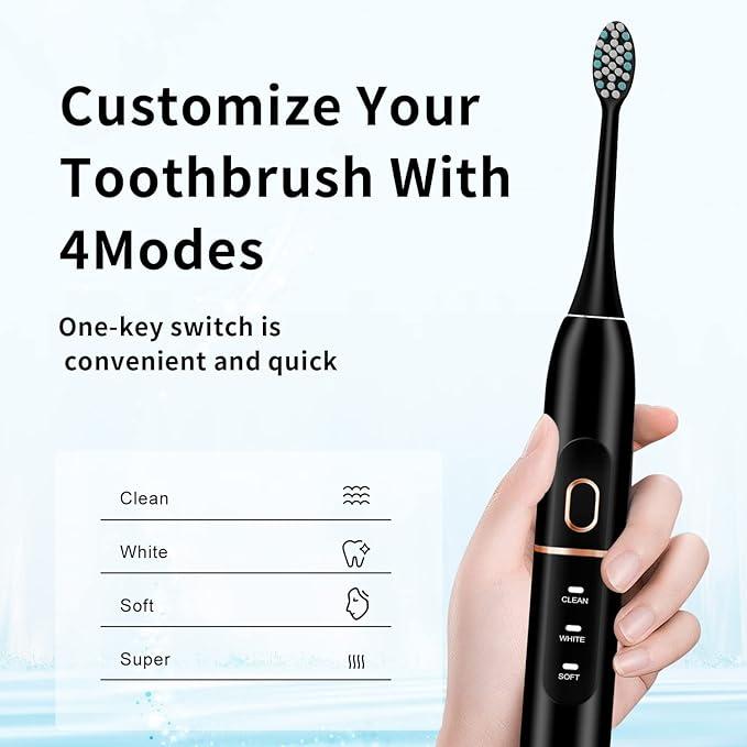 Electric Toothbrush with 8 Brush Heads, Travel Case, 4 Modes, 60-Day Battery, 42,000 VPM Sonic Motor, and Smart Timer for Effective Cleaning (Black)