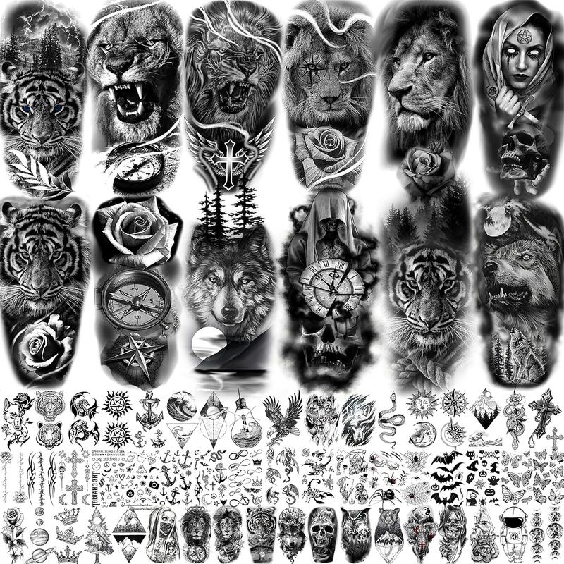 64 Sheets Large Black Arm Temporary Tattoos For Men Forearm Women Thigh, Half Sleeve Animals Lion Tiger Wolf Temp Tattoo Stickers Adults, Death Skull Compass Flower Fake Tattoos That Look Real