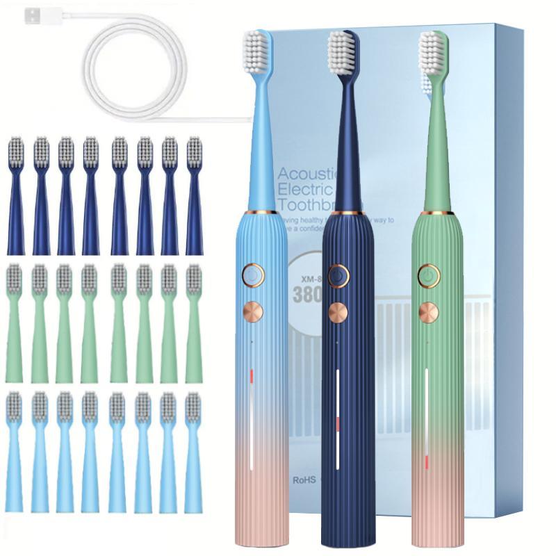 Portable Electric Toothbrush, 1 Box Rechargeable Sonic Teeth Cleaning Toothbrush with 8 Counts Brush Heads, Intelligent Timer Toothbrushes for Adults