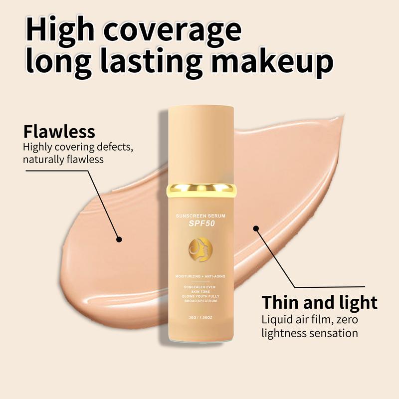 4-in-1 liquid foundation, non-greasy, facial sun protection, skin enhancement, color change, moisturizing, hydrating, whitening, natural looking, waterproof, sweatproof, all skin types