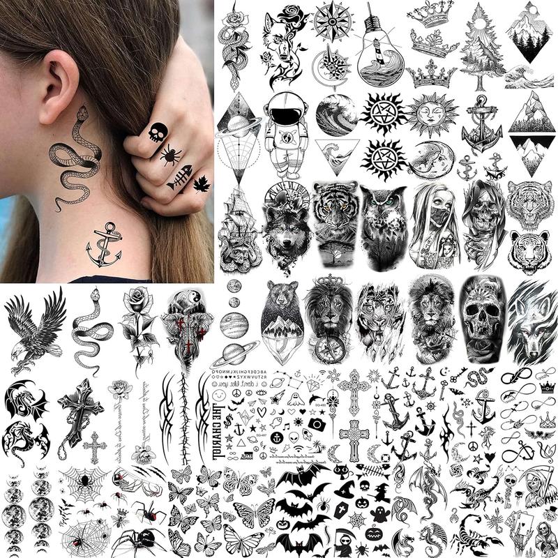 64 Sheets Large Black Arm Temporary Tattoos For Men Forearm Women Thigh, Half Sleeve Animals Lion Tiger Wolf Temp Tattoo Stickers Adults, Death Skull Compass Flower Fake Tattoos That Look Real