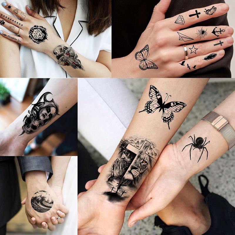 64 Sheets Large Black Arm Temporary Tattoos For Men Forearm Women Thigh, Half Sleeve Animals Lion Tiger Wolf Temp Tattoo Stickers Adults, Death Skull Compass Flower Fake Tattoos That Look Real