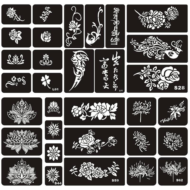 6 Sheets Temporary Tattoo Stencils, 34pcs Animal Tiger Wolf Totem Patterns Henna Tattoo Stencil Kit Temporary Glitter Airbrush Tattoo Stencils Arabian Tattoo Stickers for Face Body Paint Art