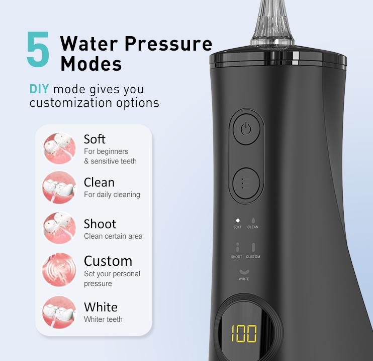 Water Dental Flosser Pick for Teeth 5 Modes Cordless Portable Teeth Cleaner Electric Oral Irrigator 300 ML Tank 5 Jet Tips IPX7 Waterproof Waterflosser Flossing Cleaning Picks for Home and Travel