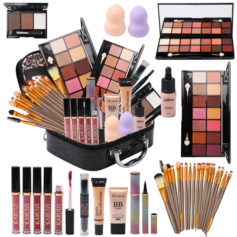 All in One Makeup Kit for Makeup storage bag 2X14 Colors Eyeshadow Palette Liquid Foundation Eyeliner Pencils Contouring Stick Lip Gloss Eyebrow Pencils 20Pcs Makeup Brushes etc For Women Girls Teens (Black) Daily Cosmetic